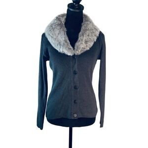 Monica Bianco Size M Milano Gray Ribbed Cardigan Faux Fur Collar Italian